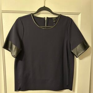 Elegant Navy Blue Women's Top with black Faux Leather Accents